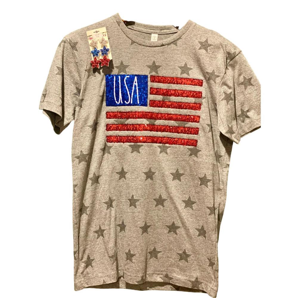 NEW SOUTHERN BELLE unisex usa patriotic sequin flag sewn tee in heather grey